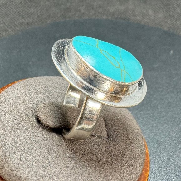 VTG Sterling Silver 925 Turquoise Bezel Set Southwestern Style Ring Size 6.75 - Picture 4 of 10